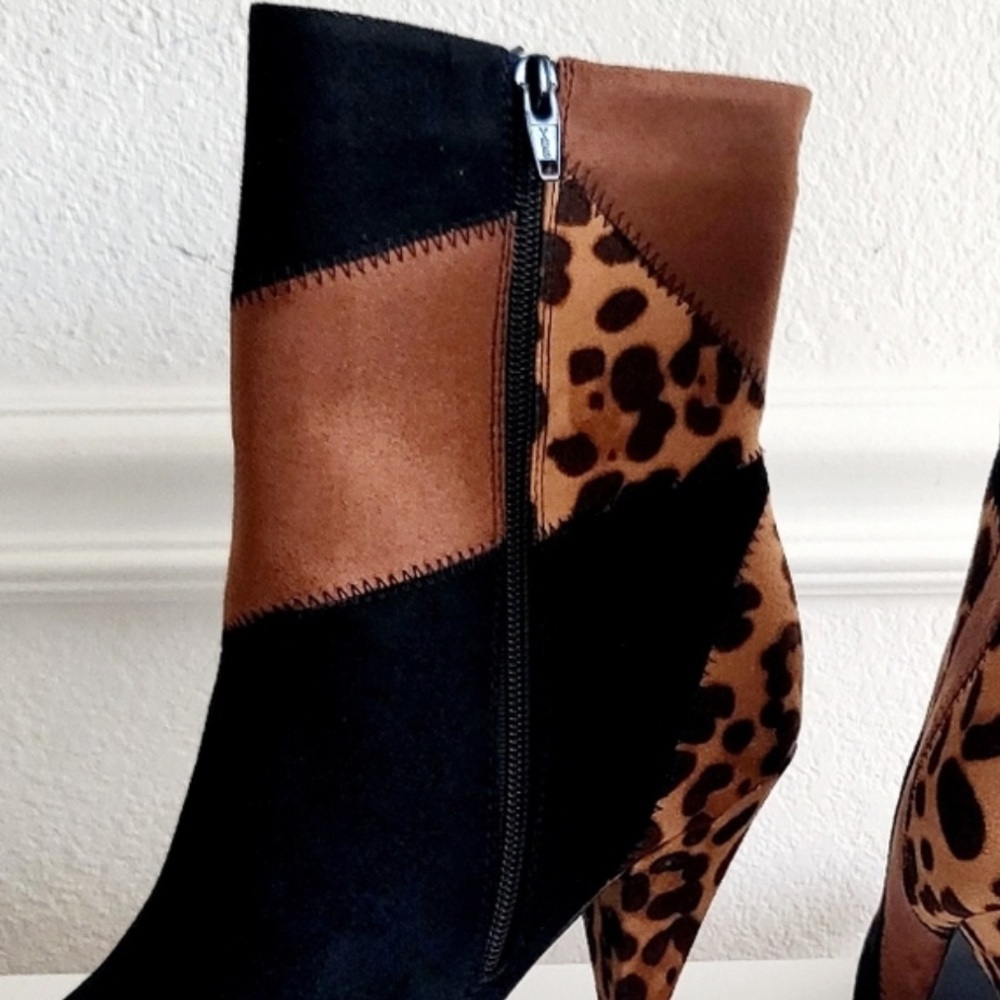 Comfort Black Brown Animal Patchwork Print Ankle Pointed Toe Bootie Boots New - Picture 7 of 10